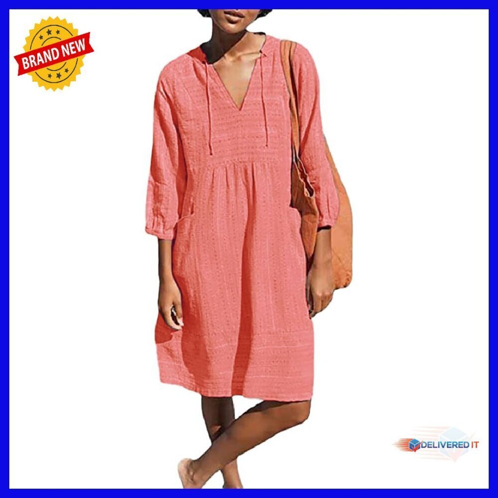 Cotton V-Neck Tunic Dress 3/4 Sleeve Loose Fit Summer Casual